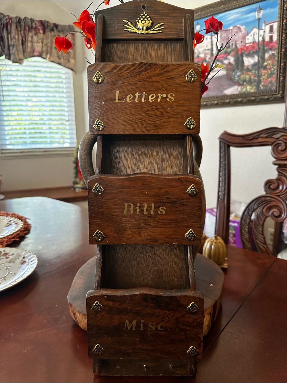 Vintage Brown Wooden Wall Mail Organizer with Labeled Compartments